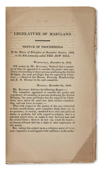 (JUDAICA.) Sketch of Proceedings in the Legislature of Maryland, December Session, 1818, on what is commonly called the Jew Bill.